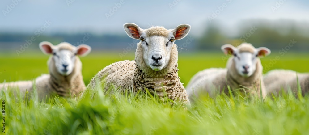 Poster a few sheep are munching on grass in the pasture, with a clear sky background ideal for a copy space