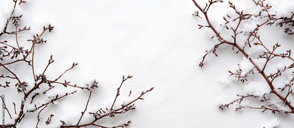 Poster snow-covered twigs on a white backdrop with a space for adding text in the image.