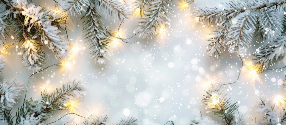 Poster White background with Christmas lights, green tree branches, and space for text or image. Top view of a festive setting symbolizing New Year celebrations and greetings.