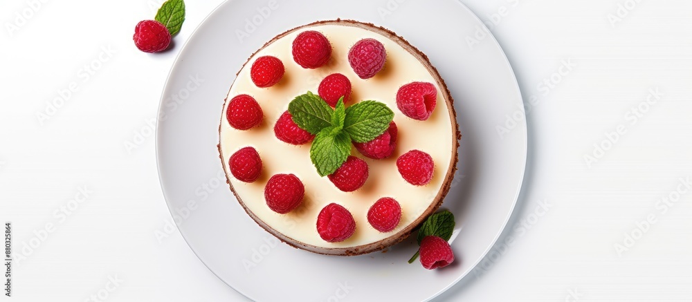 Leinwandbilder top-down view of a raspberry cheesecake on a white plate with mint leaves, featuring a blank space f