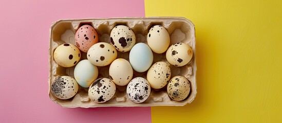 Obraz premium Easter-themed quail eggs in a carton on yellow and pink backdrop, featuring a holiday greeting concept. Top view of a creative copy space image.