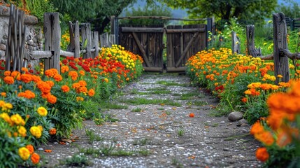 Obraz premium A quaint garden pathway lined with vibrant marigolds and petunias, leading to a rustic wooden gate.