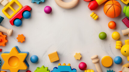 Beautiful white background with wooden educational toys for children. Early education tools for a sustainable future.