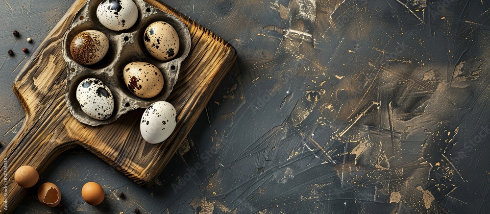Poster Quail eggs displayed on rustic wooden boards with a clear section for additional content in the image.