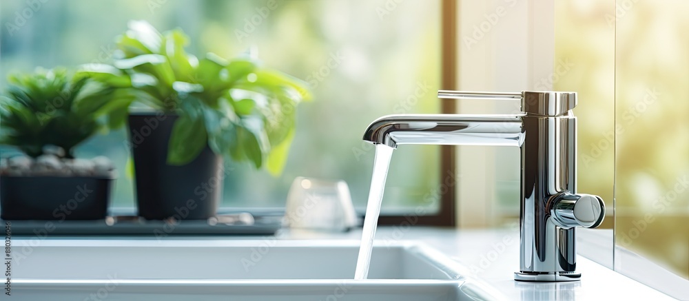 Poster Chrome faucet on bathroom window background with copy space image.