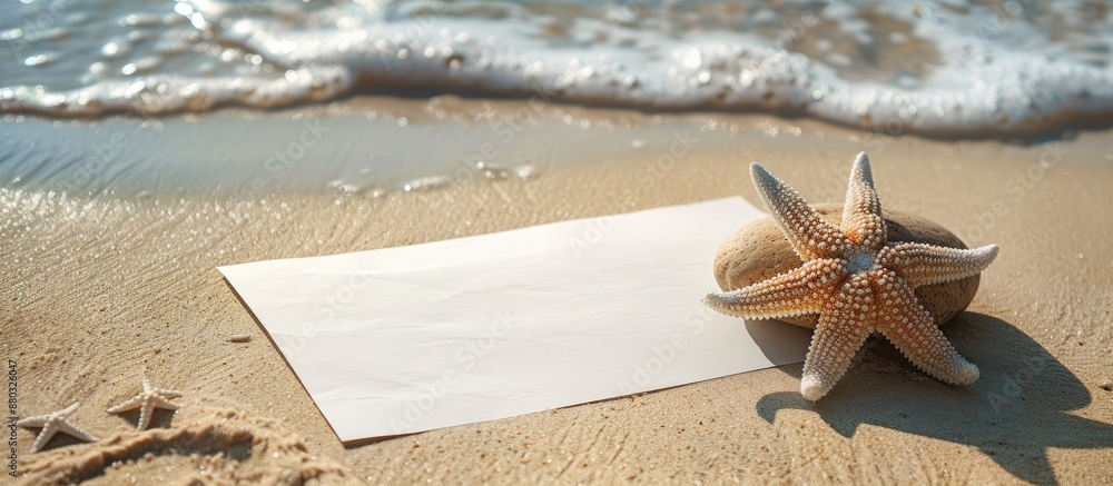 Aufkleber A blank sheet of paper rests on sandy beach, next to a stone featuring a small seastar, creating a serene scene with copy space image.
