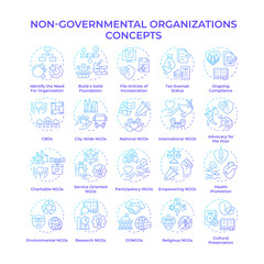 Non-governmental organizations blue gradient concept icons. Non-profit organization. Charitable services. Community support. Icon pack. Vector images. Round shape illustrations. Abstract idea