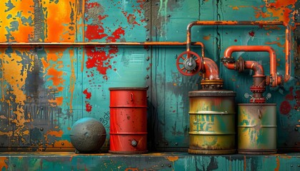 Naklejka premium Urban Fusion: Graffiti Art Meets Industrial Strength in Oil Barrel and Pipeline Scene