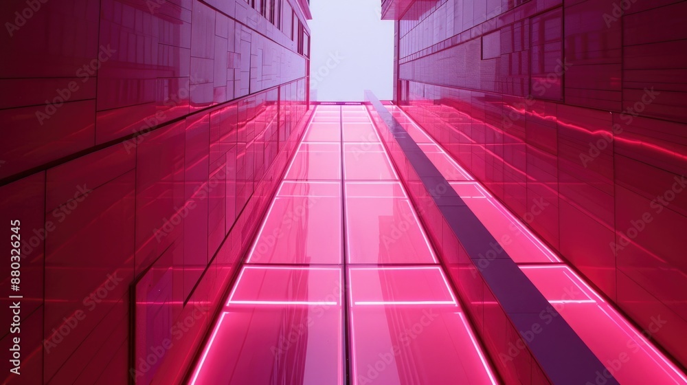 Poster a photo of a building with a bright red light shining through the windows