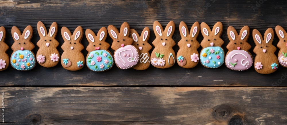 Poster top down view showing easter themed gingerbread cookies, rabbits, and eggs on a rustic wooden surfac