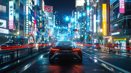 Fototapeta premium A car is driving down a city street with neon lights and signs in the background