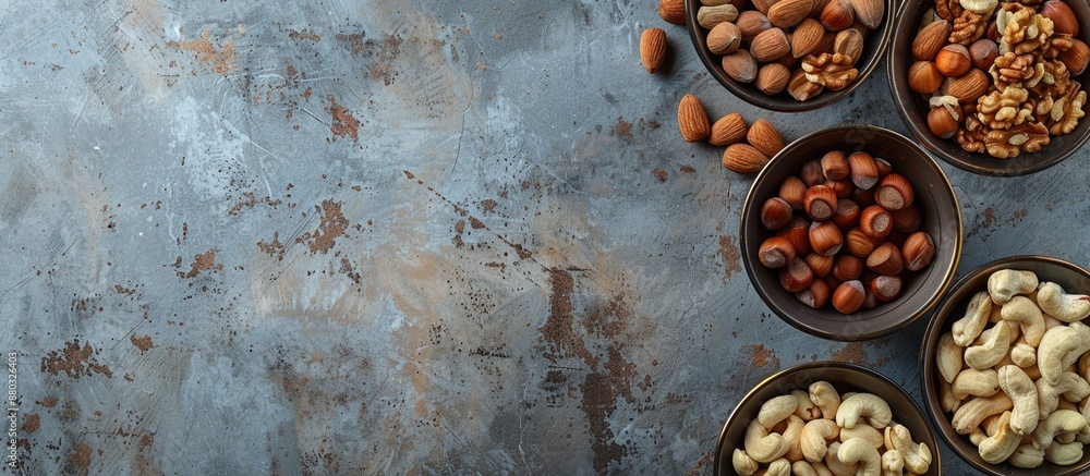 Poster flat lay of various nuts like hazelnuts, cashews, and almonds in bowls on a textured background with
