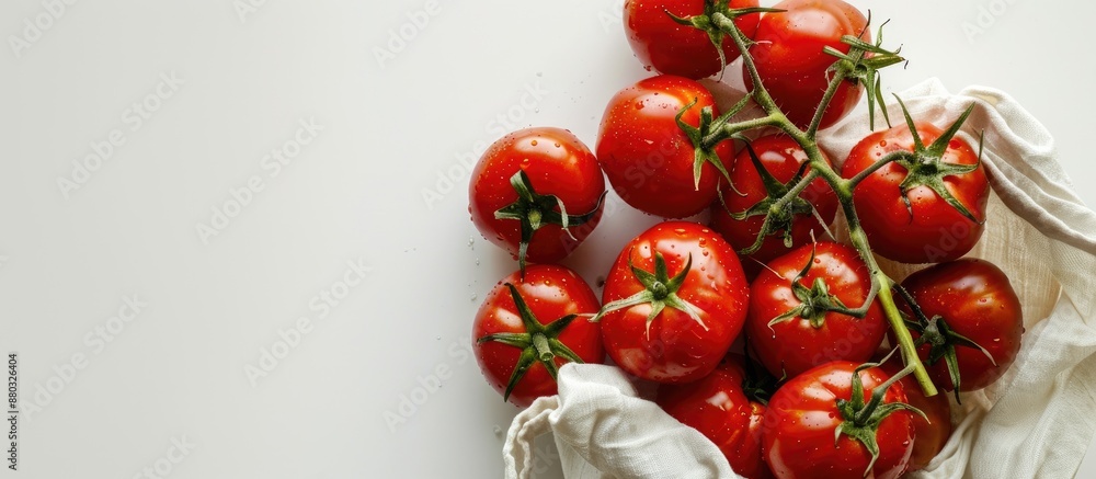 Poster overhead view of fresh tomatoes next to an eco-friendly bag on a white background with copy space im