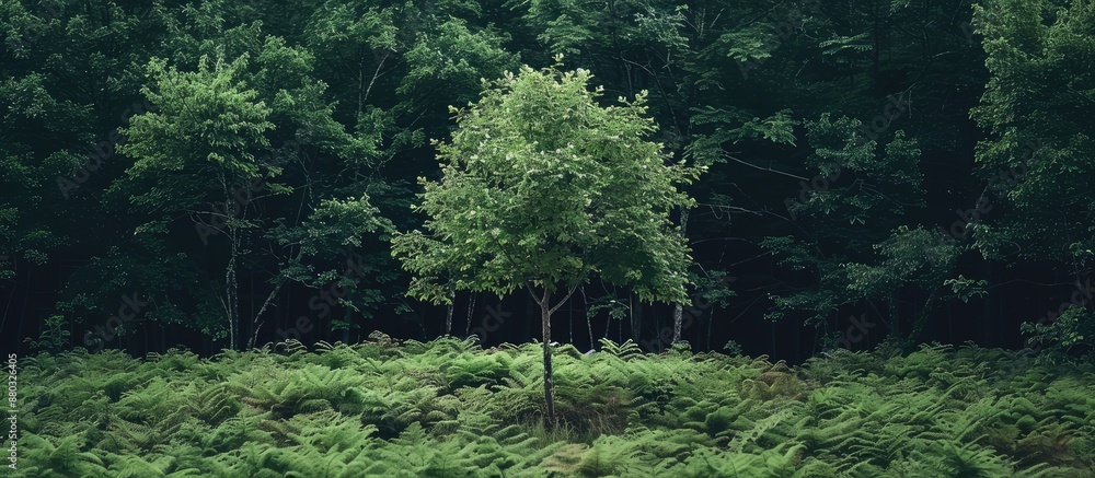 Poster Young tulip poplar tree surrounded by lush ferns, creating a serene forest scene with a backdrop for text or graphics with copy space image.