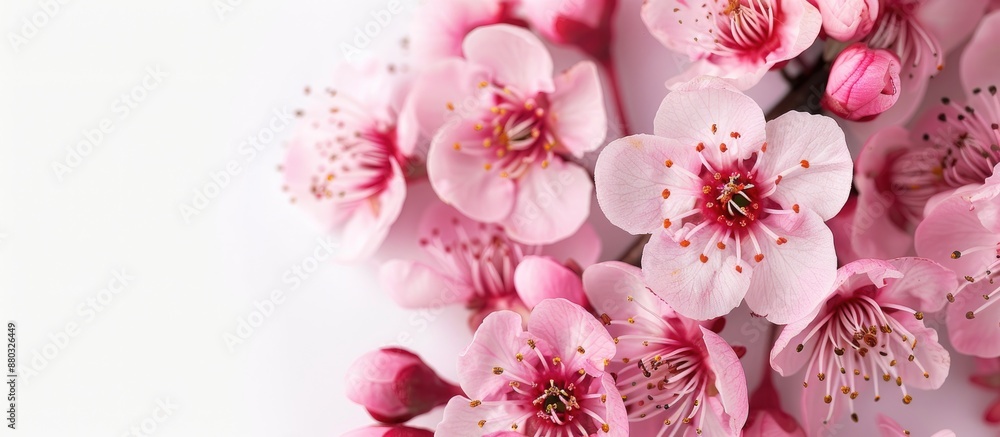 Poster a cherry blossom is seen against a white backdrop with copy space image, symbolizing the arrival of 