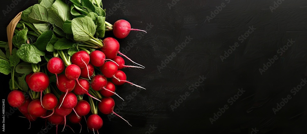 Poster fresh radishes in a large bunch, arranged in a top-view perspective on a black background, offering 