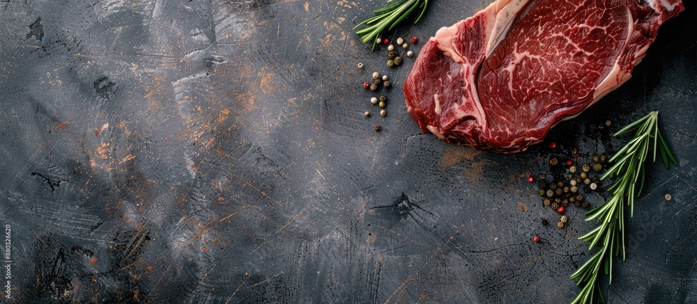 Poster Freshly dry-aged Club Steak displayed on a grey stone background with ample space for text next to it.
