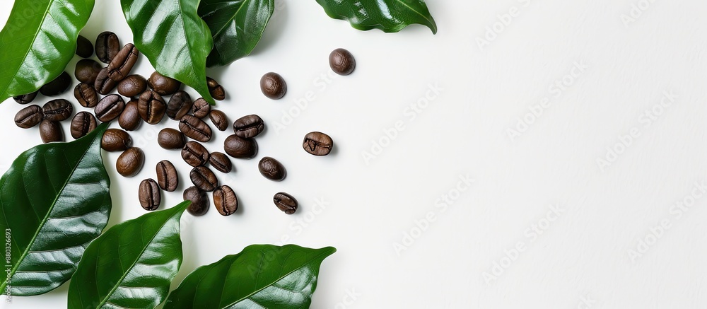 Aufkleber coffee beans and leaves arranged on a white background with copy space image.