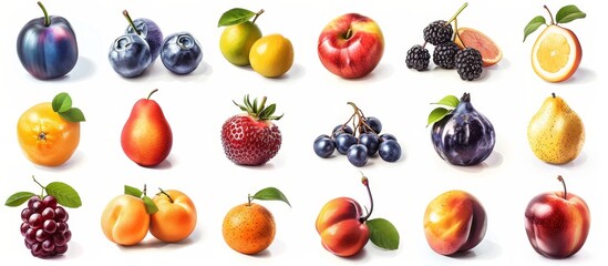 A collection of various fruits on a white background, with a mix of different types and colors.
