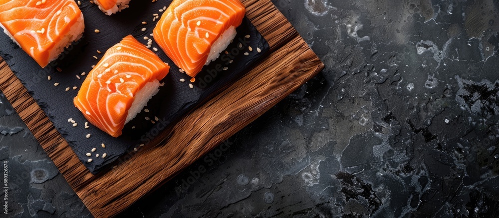 Poster tasty and nutritious salmon sushi with appealing presentation and copy space image.