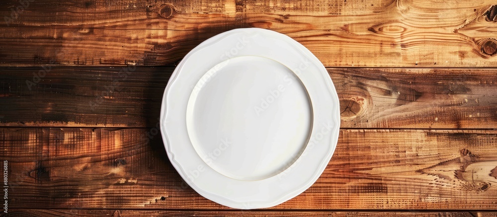 Poster a white plate placed on a wooden table with ample copy space image included.