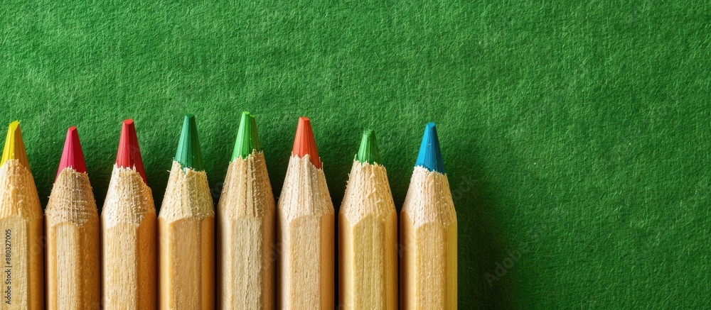 Poster Wooden pencils with colored points are arranged in a row on a green background producing a vibrant and lively copy space image.