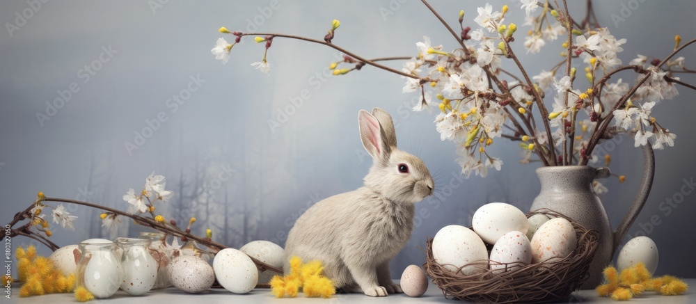 Aufkleber a light background with a collection of willow branches, a bunny, and painted easter eggs, creating 