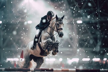 Naklejka premium Winter Equestrian Sport Concept - Professional Horse Jumping in Snowy Indoor Arena