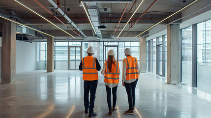 Construction team inspects office building, ensuring safety and quality.