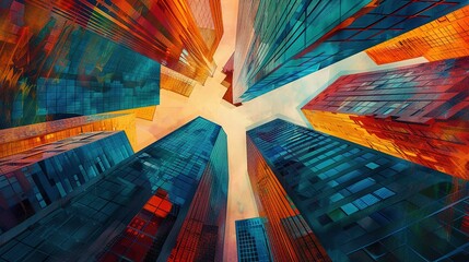Skyscrapers abstract background with a geometric pattern of towers. Perspective graphic painting of buildings - Architectural illustration for financial, corporate, and business brochure templates.