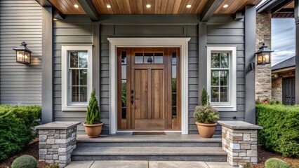 Inviting grey front door with elegant hardware harmoniously complements rustic wood siding, exuding timeless charm and sophisticated suburban elegance.
