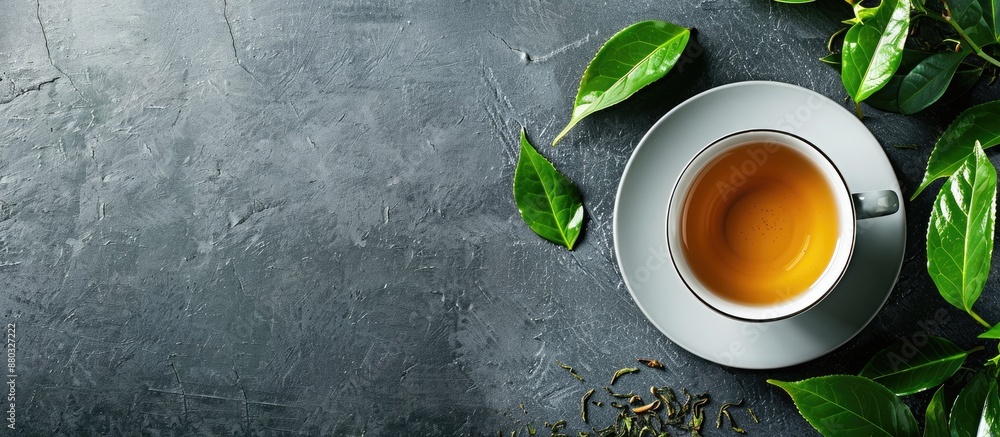 Aufkleber on a gray table, there is a cup of green tea with leaves, providing a perfect area for a text to be 