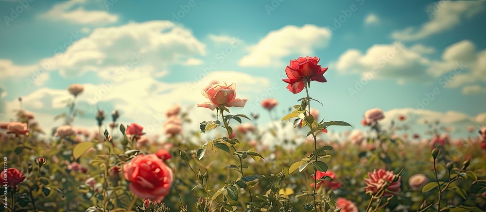 Aufkleber roses blooming in a field with a beautiful sky in the background, perfect as a copy space image.