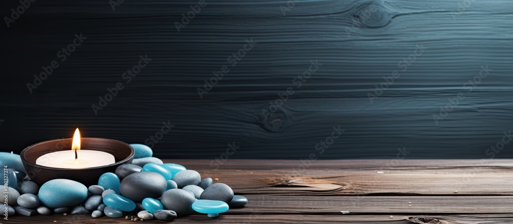 Poster A serene spa ambiance with lava beads arranged on a wooden surface, creating a tranquil copy space image.