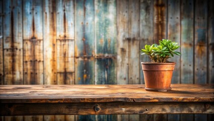 Weathered wooden desk with small potted plant and ample copy space on blurred industrial background, evoking rustic, natural atmosphere.