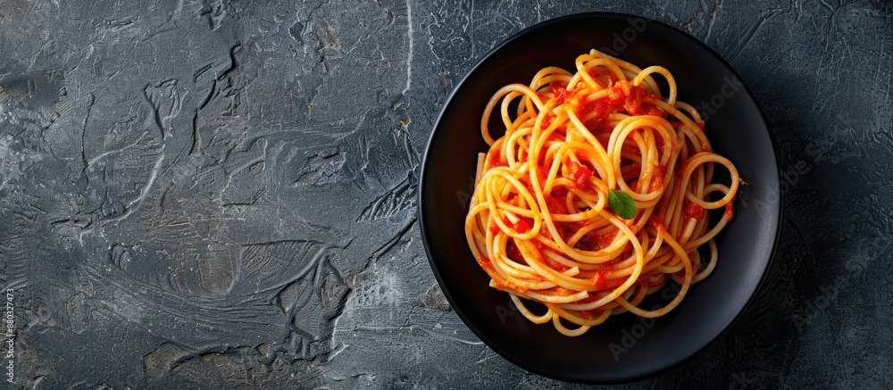 Poster top-down view of pasta, spaghetti with tomato sauce presented in a black bowl on a grey stone backgr