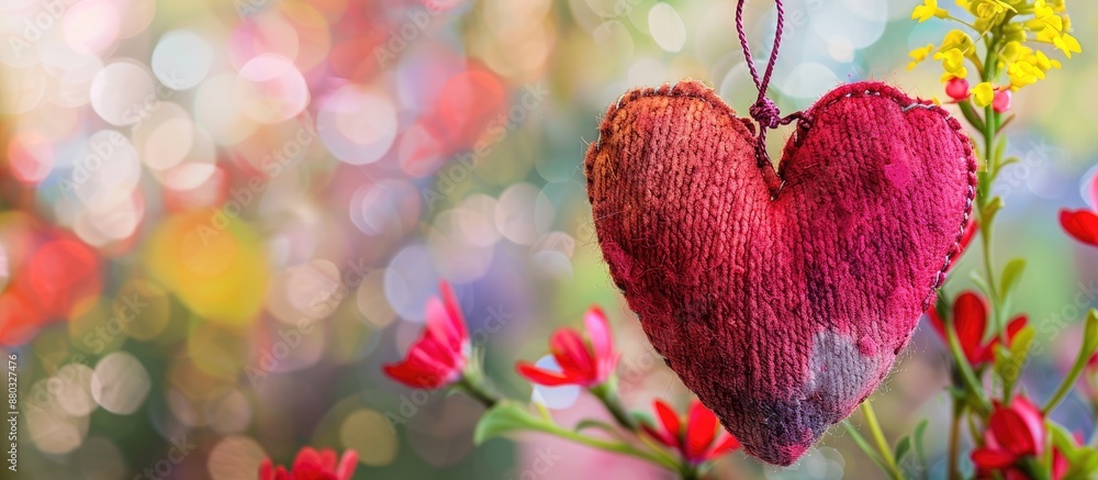 Poster Valentine's Day-themed handmade heart displayed against a colorful background with copy space image.