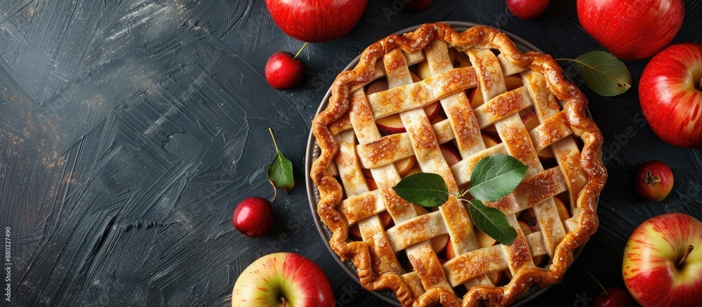 Sticker apple pie with apples displayed on a dark background with copy space image.