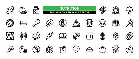 36 Nutrition Line Icons Set Pack Editable Stroke Vector Illustration.