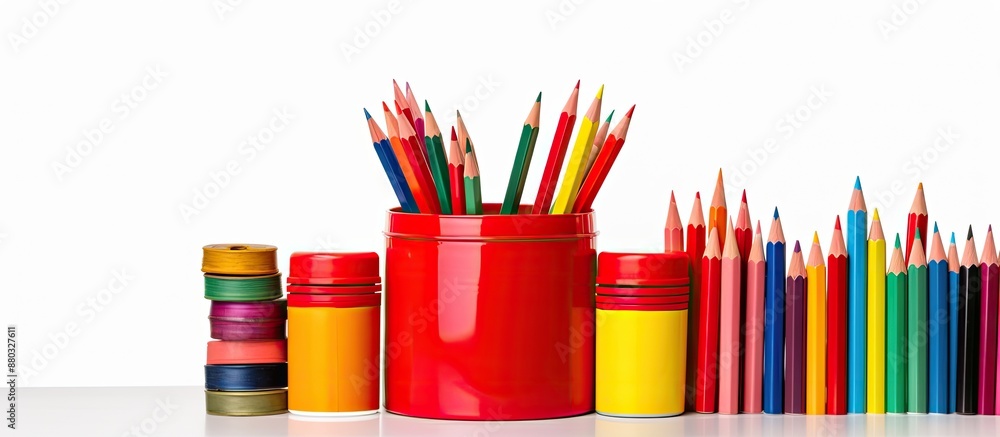 Poster A red pencil case shaped like a can, with colored pencils and various stationery items placed neatly on a white background, creating a visually appealing copy space image.