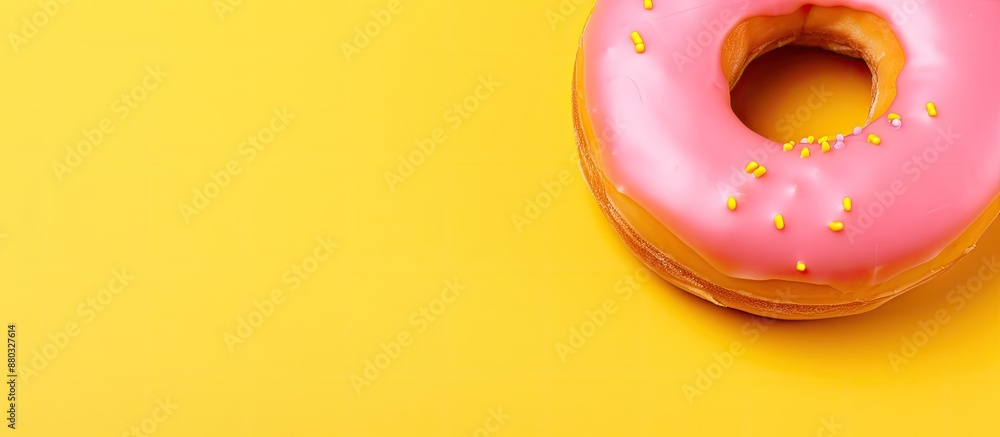 Poster Close-up of a pink doughnut on a vibrant yellow backdrop with ample copy space image.
