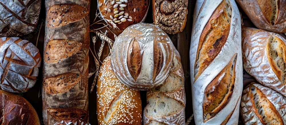 Poster Assorted bakery bread selection on display with a tempting crust in a collage-style image, featuring a close-up view and a designated space for text.
