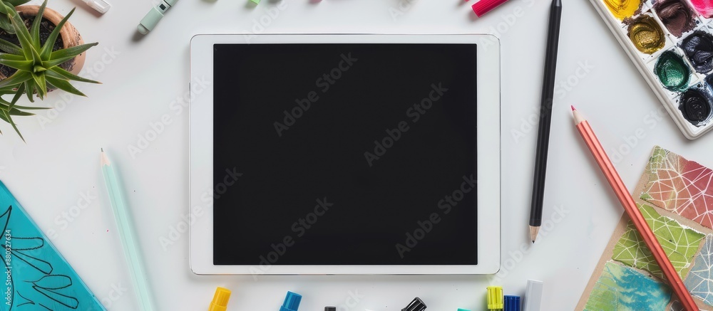 Aufkleber Top view of a tablet mockup surrounded by creative office supplies on an artist's workspace with copy space image.