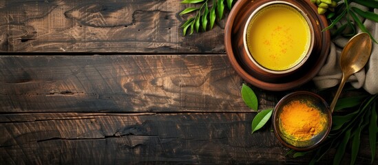 Wooden background with a cup of golden milk, a plate of turmeric, a spoon, and acacia leaves nearby in a flat lay setup, perfect for copy space image.
