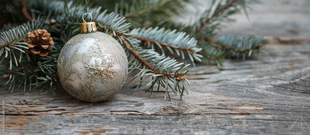 Poster an elegant holiday ornament paired with a green spruce twig on a rustic wooden backdrop, ideal for a