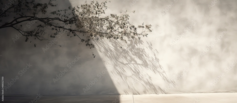 Poster blurry shadow of a leafy tree cast upon a gray wall with available copy space image.