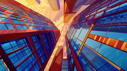 Skyscrapers abstract background with a geometric pattern of towers. Perspective graphic painting of buildings - Architectural illustration for financial, corporate, and business brochure templates.