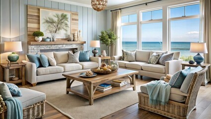 Fototapeta premium Calming seaside-inspired living room features natural textures, soothing color palette, driftwood accents, and ocean-blue hues evoking relaxed coastal ambiance.