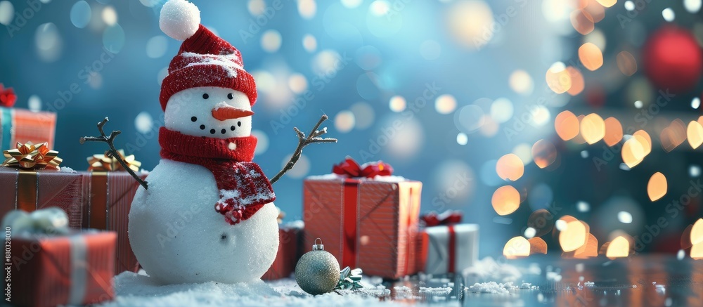 Poster snowman surrounded by gift boxes in the background, perfect for a copy space image.