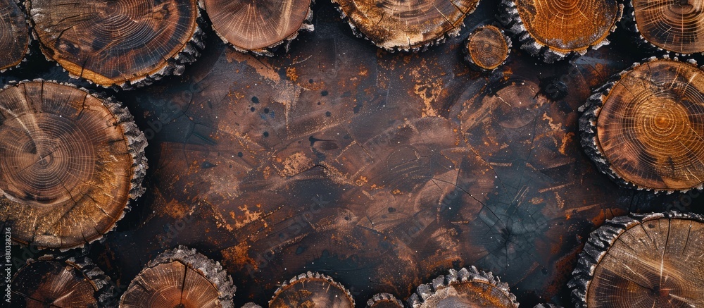 Poster Top view copy space image of tree stumps creating a frame for a computer desktop background.